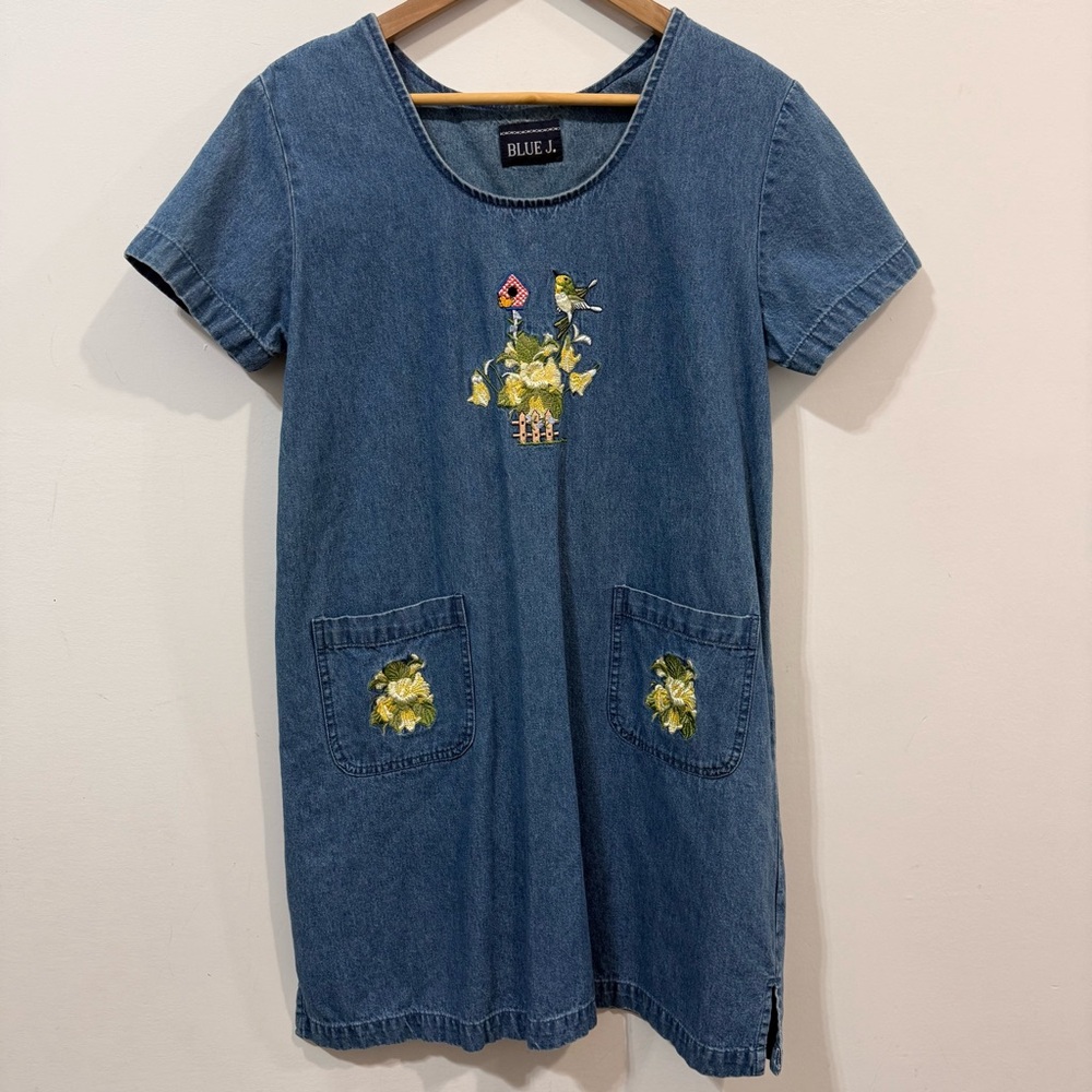 Blue J Vintage Blue Yellow Floral Embroidery With Pockets Mini Dress Size M